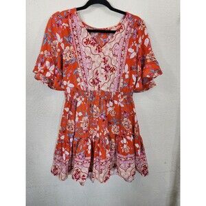 Lascana Dress Womens Size 12 Orange Floral Smocked Waist Flutter Sleeve Boho